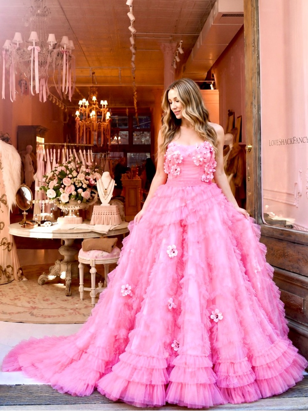 NWT Love Shack Fancy Gomez Tulle Tier Floral Appliqué Strapless Coquette Gown